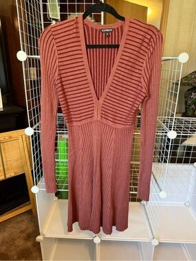 Express Ribbed V-Neck Long Sleeve Dress - Rosewood